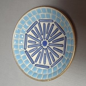 Vintage Mid Century Vibe Round Blue Mosaic Tile Trinket Plate Dish